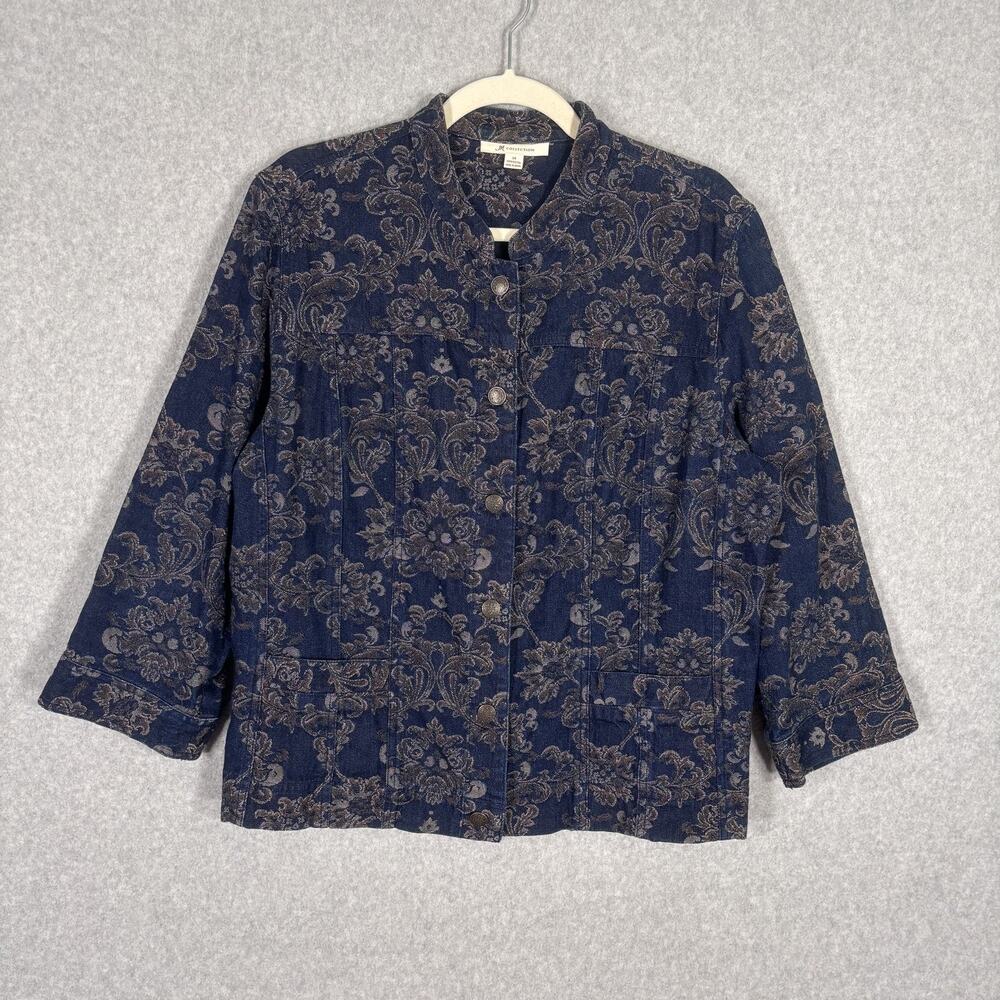 JM Collection Denim Paisley Chore Barn Jacket 14 Damask Print Artsy Granny Coat
